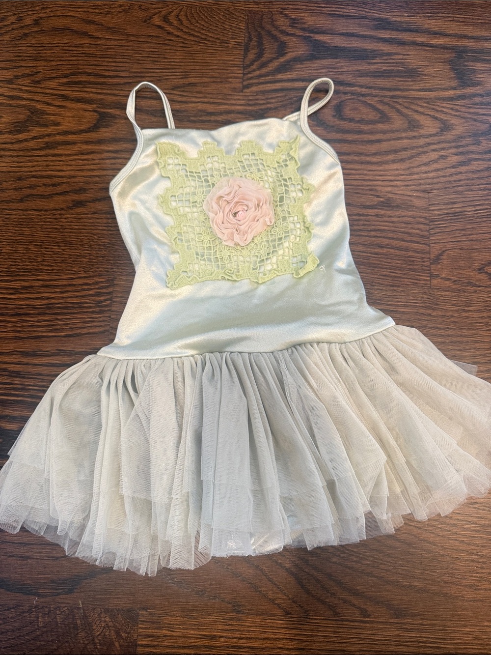 Dollcake White Tulle Dance Dress with Pink Rose and Pale Green Lace